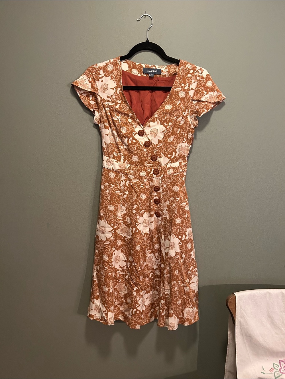 ModCloth Rust & Cream Floral Button-Front Fit Dress